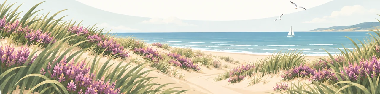 Dünenlandschaft mit lila blühender Heide, Dünengras und Meer